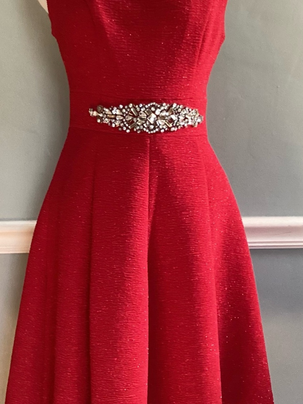 Eliza J Red Sparkle Fit-and-Flare Evening Dress with Jeweled Waist